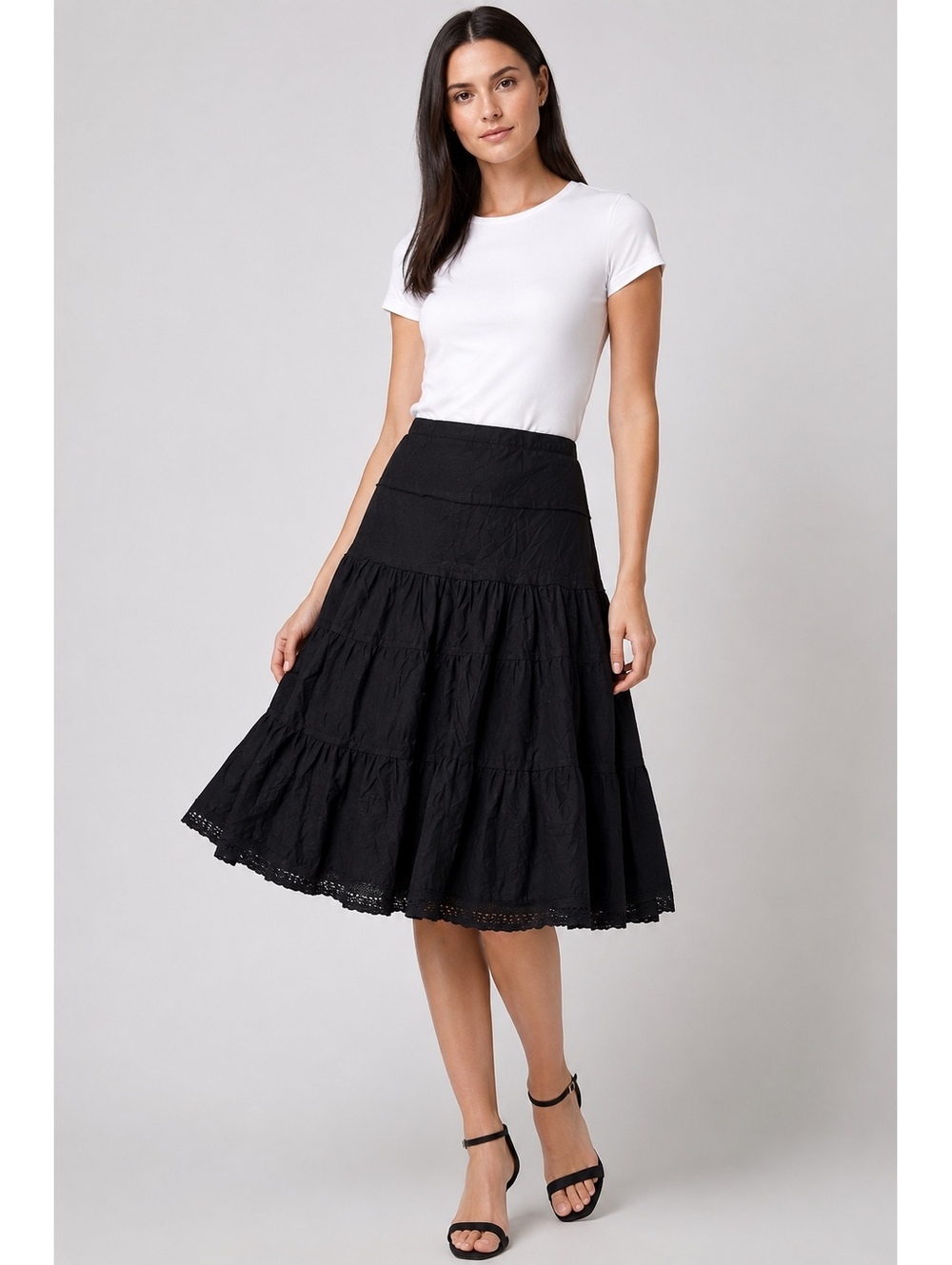 White House Black Market Black Tiered Cotton Midi Skirt Size 4